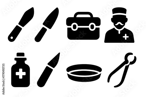 Early Healing Instruments Icons. Solid style icons of Early Healing Instruments: Fleam, Bloodletting Knife, Case, Barber Surgeon,