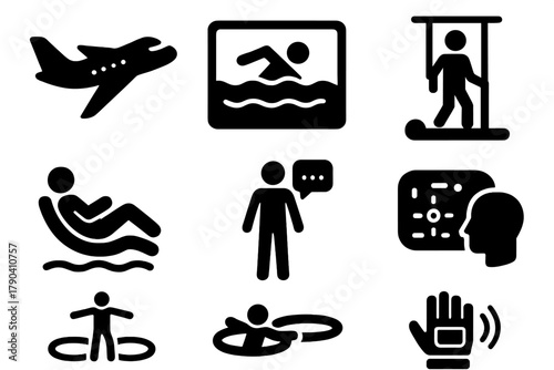 Training Tools Icons. Solid style icons of training and simulation: Parabolic Flight Plane, Pool Simulation, Treadmill Harness,