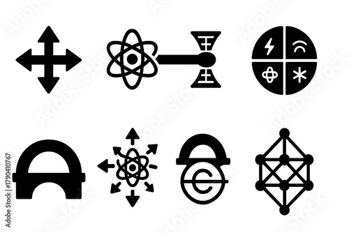 Unified Theory Icons. Solid style icons of grand unified theories: Force Unification Arrows, Quantum Gravity Link, Unified Field