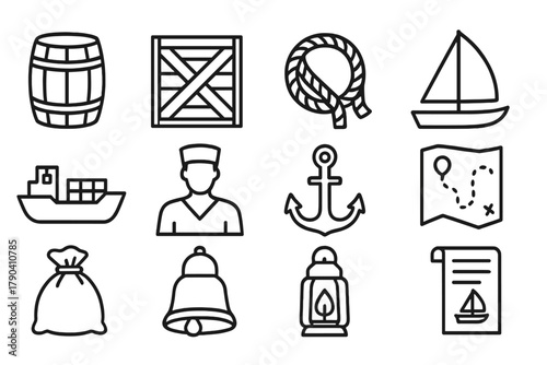 Trade and Cargo Icons. Line style icons of Trade and Cargo: barrel, crate, rope, sail; cargo ship, merchant figure, anchor, map;
