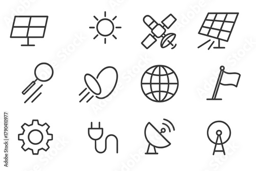 Solar Technology Icons. Line style icons of Solar Reflectors: Mirror, Sun, Satellite, Panel; Light Beam, Lens, Telescope, Globe;