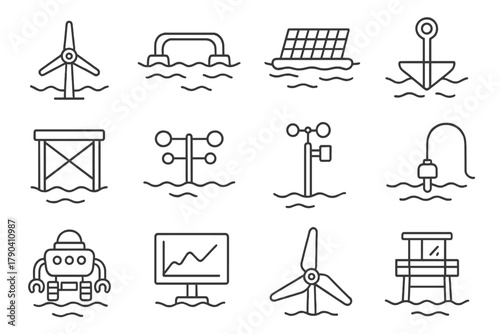Marine Renewable Tech Icons. Line style icons of Marine Renewable Tech: tidal turbine, wave converter, floating solar, seabed