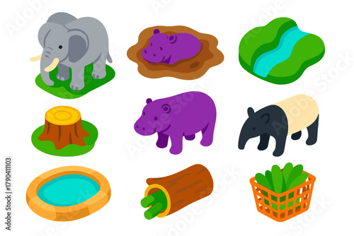 Vibrant Zoo Icons. Isometric vector illustration set Zoo animals – elephant, hippopotamus, tapir; mud bath, water channel, tree