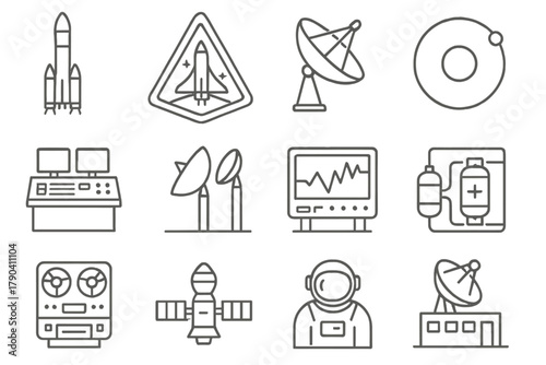 Space Mission Icons. Line style icons of Space Mission Tools: launch vehicle, mission patch, satellite dish, trajectory diagram;