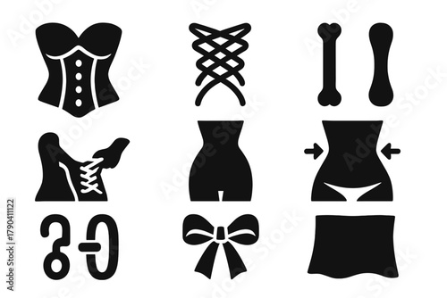 Retro Waist Cincher Icons. Solid style icons of Retro Waist Cincher: Corset, Laces, Bone, Tightening, Silhouette, Waist, Hook,
