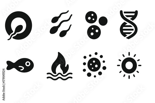 Underwater Reproduction Icons. Solid style icons of underwater reproduction: Fertilization Symbol, Drifting Gametes, Micro Life