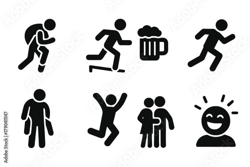 Wife Carrying Race. Solid style icons of Humorous Race: Wife Carrying, Obstacle Course, Estonian Carry, Prize (Beer), Running,
