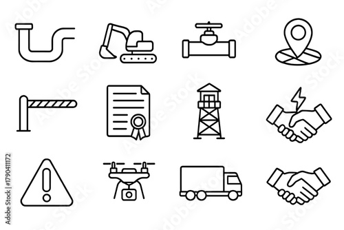 Pipeline Politics Icons. Line style icons of Pipeline Politics: pipeline route, construction machinery, valve control, map marker;