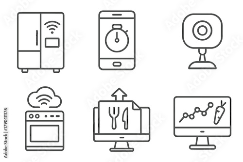 Smart Kitchen Icons. Line style icons of smart kitchen technology: IoT fridge, cooking timer app, kitchen cam icon,