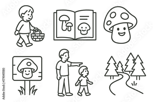 Children's Foraging Adventure. Line style icons of Children’s Foraging Education: child with basket, illustrated field guide,
