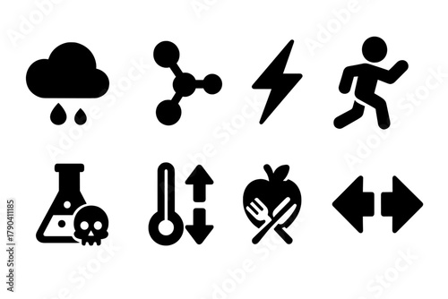 Environmental Influence Icons. Solid style icons of environmental influence: Pollution Cloud, Nutrient Molecule, Stress Lightning