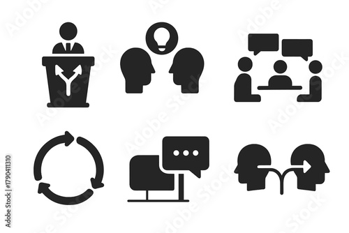 Philosophical Icons Collection. Solid style icons of philosophical multiverse debates: podium with split icon, opposing thought