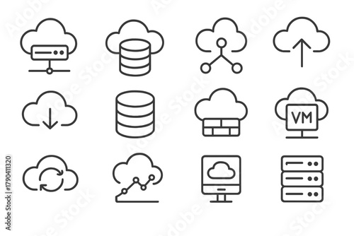 Cloud System Icons. Line style icons of Cloud Systems: cloud server, data storage, network nodes, upload icon; download icon,