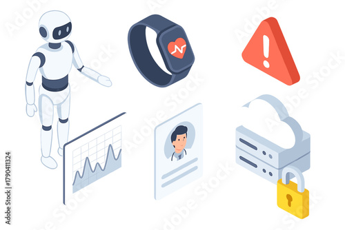 AI Healthcare Innovation. Isometric vector illustration set Robotics and AI – AI-powered healthcare companion: wearable health