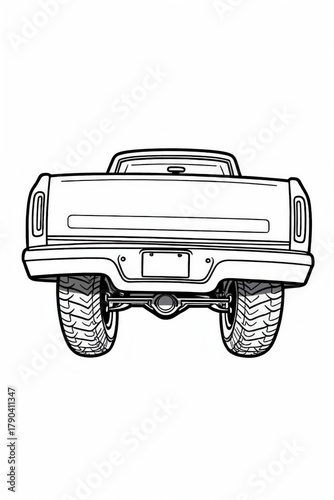 Detailed Black and White Line Art Illustration of the Rear End of a Lifted Pickup Truck with Large Tires