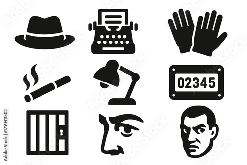 1920s Crime Iconography. Solid style icons of 1920s criminal archive: Fedora Hat, Typewriter File, Black Gloves, Smoking Cigarette