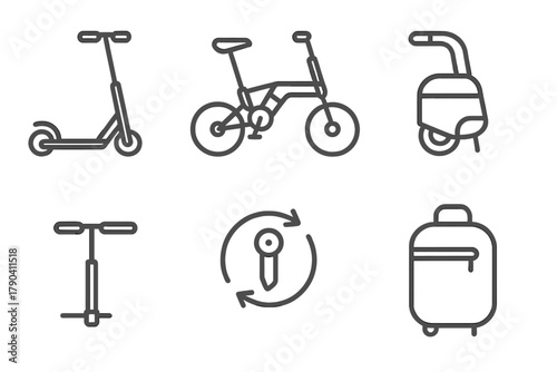 Foldable Micro Vehicle Icons. Line style icons of Foldable Micro Vehicles: foldable kick scooter, tri-fold bicycle, collapsible
