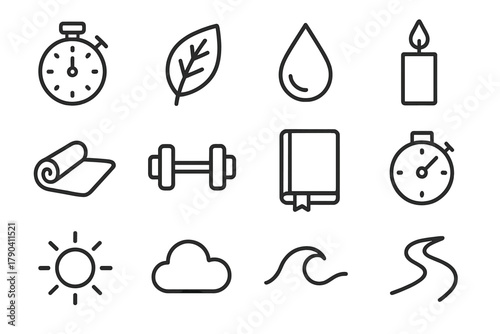 Stress Management Icons. Line style icons of Stress Management: Stopwatch, Leaf, Water Drop, Candle; Yoga Mat, Dumbbell, Journal,