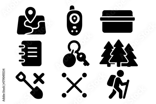 Geocaching Adventure Icons. Solid style icons of Outdoor Exploration Game: Geocaching, GPS, Container, Logbook, Trade Item, Forest
