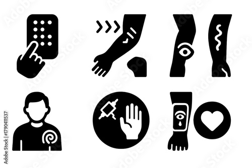 Accessibility Tattoo Icons. Solid style icons of accessibility-aware tattoo systems: braille tattoo grid, sensory feedback design,