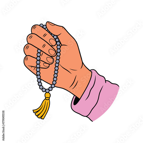 Hand holding prayer beads with yellow tassel and pink sleeve rosary mala