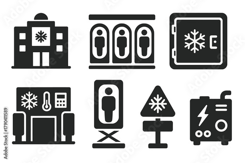 Cryonics Facility Icons. Solid style icons of cryonics facility layout: cryo-lab building, stasis chamber hallway, cold storage