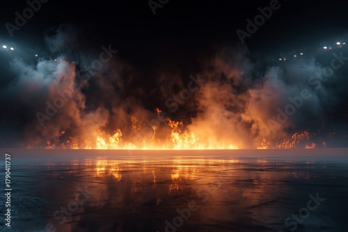 Flames Erupt on Ice During a Dramatic Sports Event in a Dark Arena