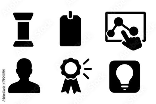 Invention Exhibition Icons. Solid style icons of invention showcase: Display Pedestal, Exhibition Tag, Glass Case, Pointing