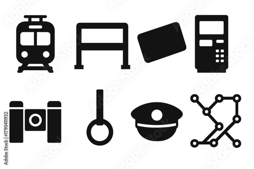 Japanese Transit Icons. Solid style icons of Japanese public transportation: Train Car, Station Sign, IC Card, Ticket Machine,
