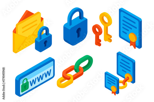 Data Privacy Icons. Isometric vector illustration set Data privacy – secure email envelope, encryption lock, public key; private
