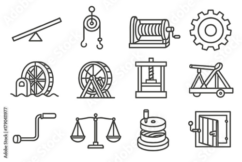 Mechanical Invention Icons. Line style icons of Mechanical Inventions: lever, pulley, winch, gear; water wheel, treadwheel, screw