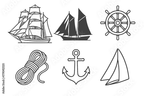 Classic Sailboat Icons. Line style icons of Classic Sailboats: tall ship, schooner silhouette, captain’s wheel, rope coiled on