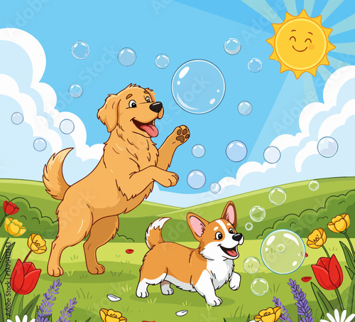 Illustration of two cute and adorable dogs playing happily in a flower-filled garden