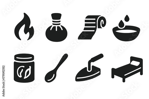 Vintage Healing Icons. Solid style icons of vintage healing methods: Cauterization Flame, Herbal Compress, Bandage Wrap,