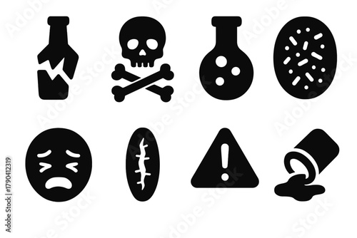 Risky Treatment Icons. Solid style icons of risky traditional treatments: Broken Bottle Symbol, Skull Mark, Unknown Liquid, Rash