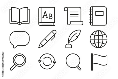 Language Icons Set. Line style icons of Language Interpretation: Book, Dictionary, Scroll, Notebook; Speech Bubble, Pen, Quill,