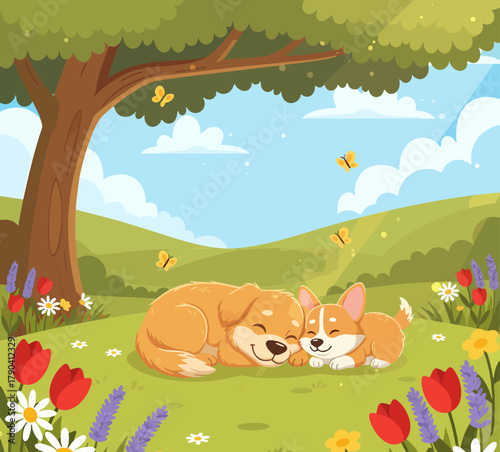 Illustration of two cute and adorable dogs playing happily in a flower-filled garden