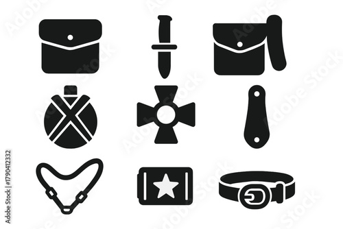 French Military Accessories Icons. Solid style icons of French military accessories: Ammunition Pouch, Bayonet Sheath, Cartridge