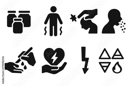 Vintage Medical Icons. Solid style icons of vintage medical beliefs: Humor Balance, Body Heat Symbol, Drawing Out Sickness, Purge