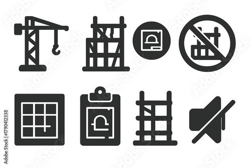 Abandoned Megaproject Icons. Solid style icons of forgotten megaprojects: unfinished crane glyph, rusted framework icon, plan