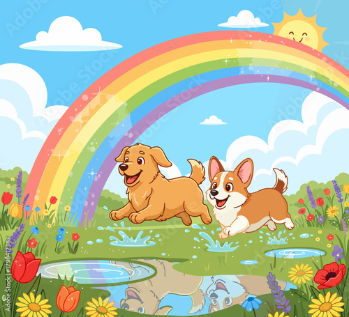 Illustration of two cute and adorable dogs playing happily in a flower-filled garden