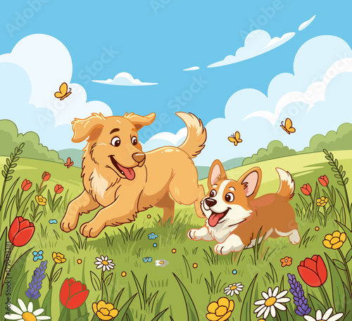 Illustration of two cute and adorable dogs playing happily in a flower-filled garden