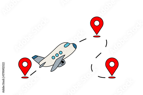 Airplane flying with dashed route between three red location pins. Travel, navigation and global connection concept. Flat vector illustration isolated on white background.