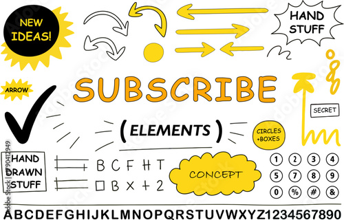 Hand drawn elements with subscribe text and arrows and alphabets and numbers