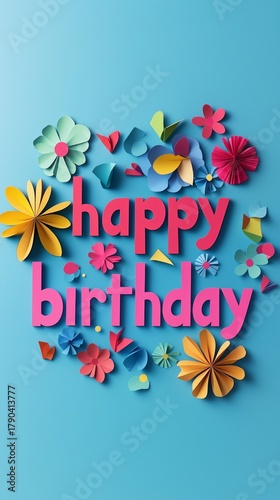 Creative Paper Art With Colorful Flowers and Happy Birthday Message on Blue B...