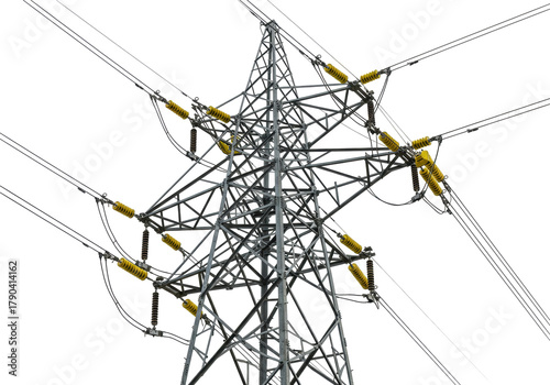 Isolated overhead power lines and transmission tower on sky for delivering electricity