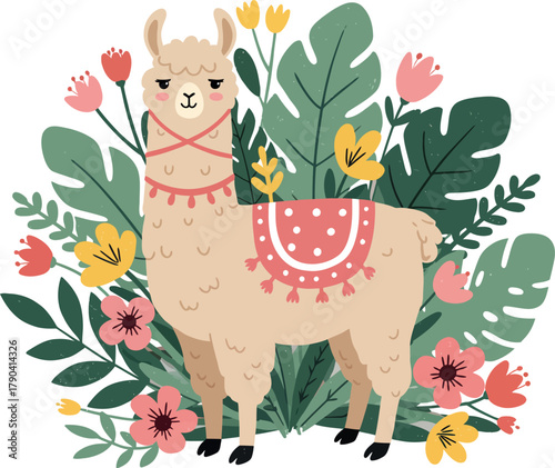 Adorable llama illustration surrounded by nature