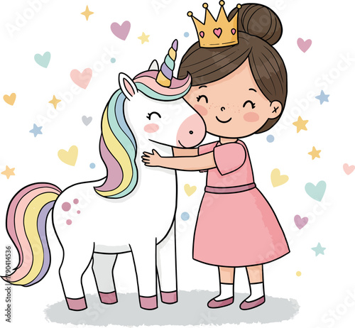 Princess girl lovingly embraces her unicorn pal