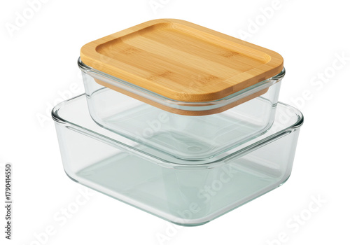 Isolated square glass food containers with wooden lids for storage and oven use, stacked