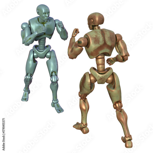 Two humanoid robots with articulated joints and muscular torso fighting as boxers. 3d rendering on transparent background, no AI used